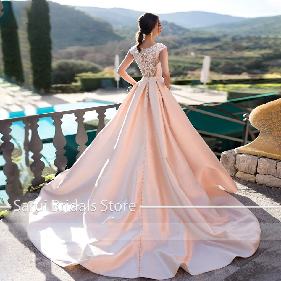 Exquisite Pearls Lace Pink Tulle Plunging Wedding Dress - VQ